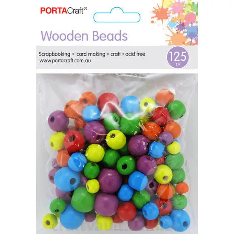 Beads Wooden Assorted Sizes 125pc Round Multicolour