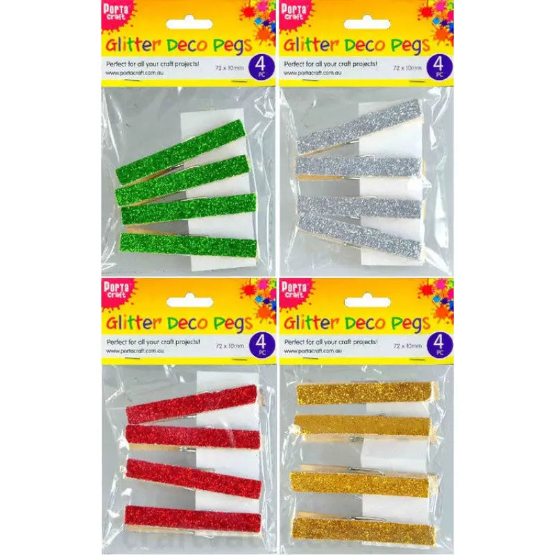 Clothes Pegs 72x10mm Xmas Glitter 4 Pack 4 Assorted