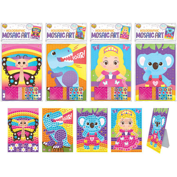 A set of colourful children's mosaic art kits and finished sample cards shown on a plain white background. The top row shows four packaged 'Holographic Mosaic Art' sets with a butterfly, a dinosaur, a princess, and a koala design