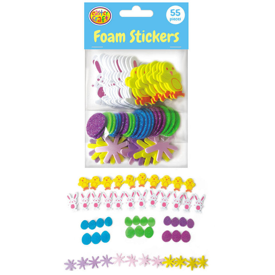 Foam Printed & Glitter Stickers 55pk (Eggs/Bunnies/Splats)