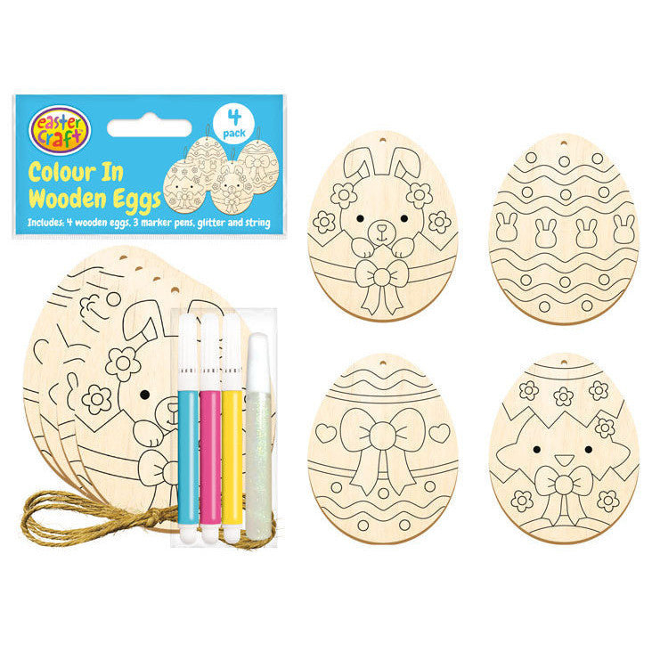 Colour In Wooden Easter Egg Decorations Kit 4pk