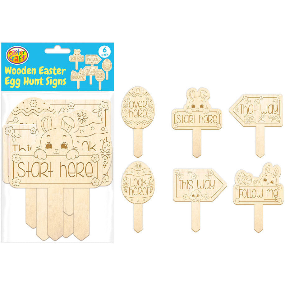 3D Wooden Egg Hunt Signs 16cm 6pk