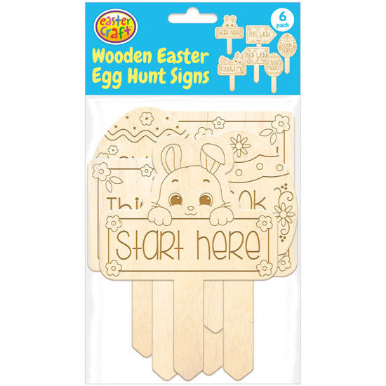 3D Wooden Egg Hunt Signs 16cm 6pk