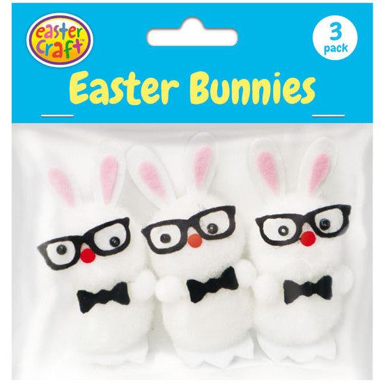 Pom Pom Easter Bunnies with Bow Ties & Glasses - White (3 Pack)