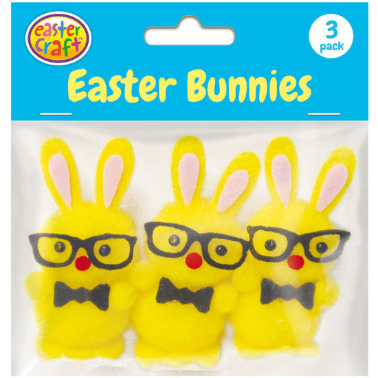 Pom Pom Easter Bunnies with Bow Ties & Glasses - Yellow  (3 Pack)
