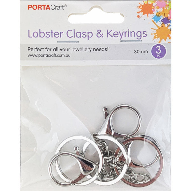 Keyrings with 30x20mm Lobster Clasp 3pk - Silver Colour