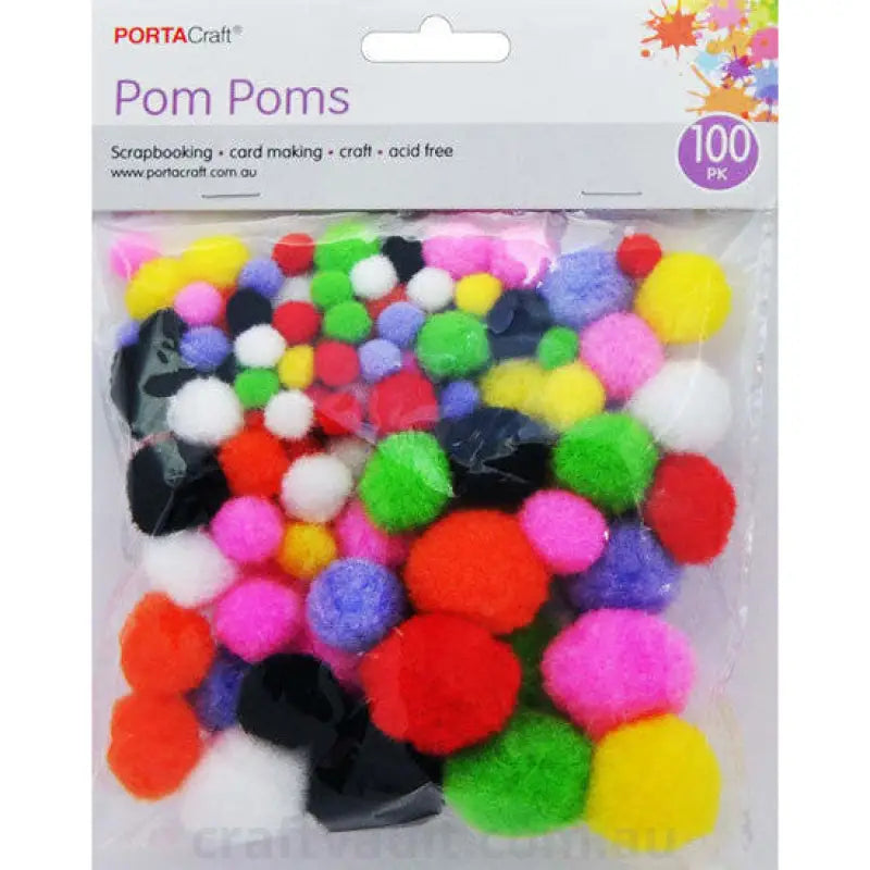 Pom Poms 100pk Multi Colour Multi Sizes
