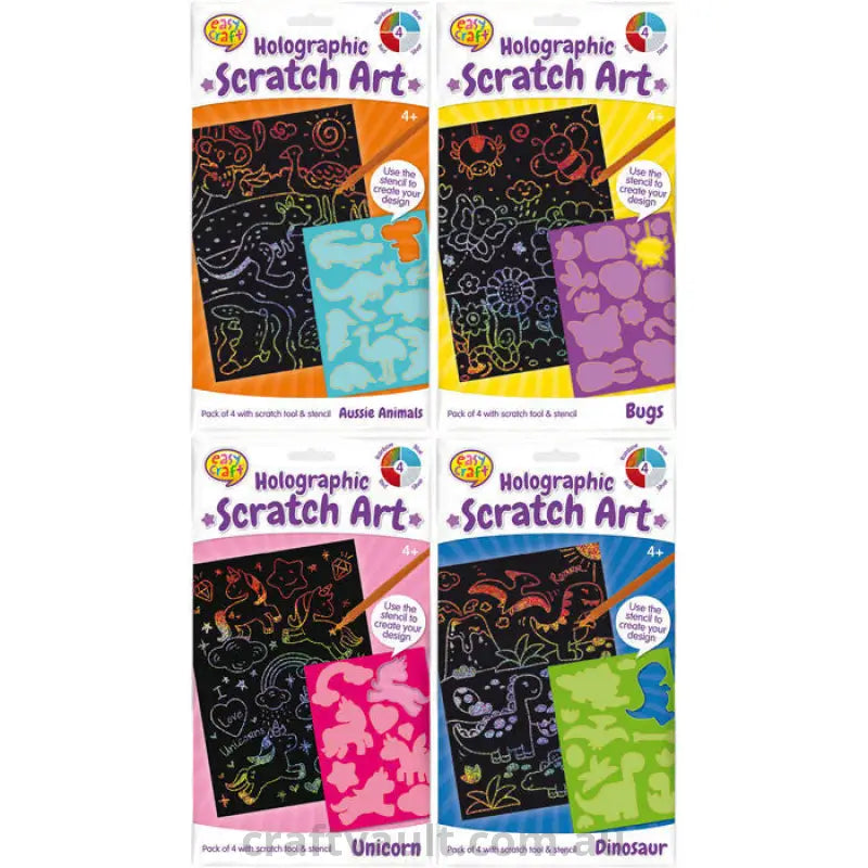 Scratch Art 4pk Holographic with Stencil 4 Assorted