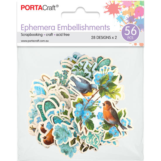Aqua Medley bird butterfly and botanical ephemera embellishments 56 pack