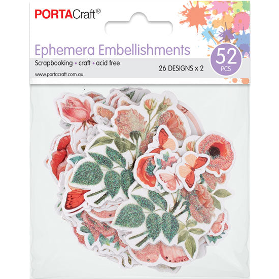 Poppies and Roses red floral ephemera embellishments 52 pack
