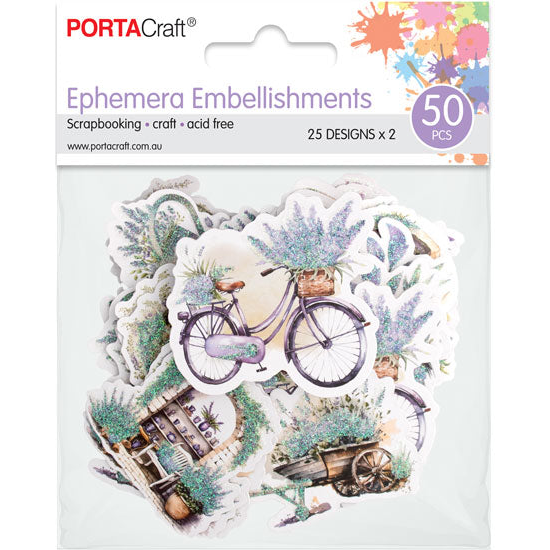 Lavender Glitz purple vintage style ephemera embellishments 50 pack