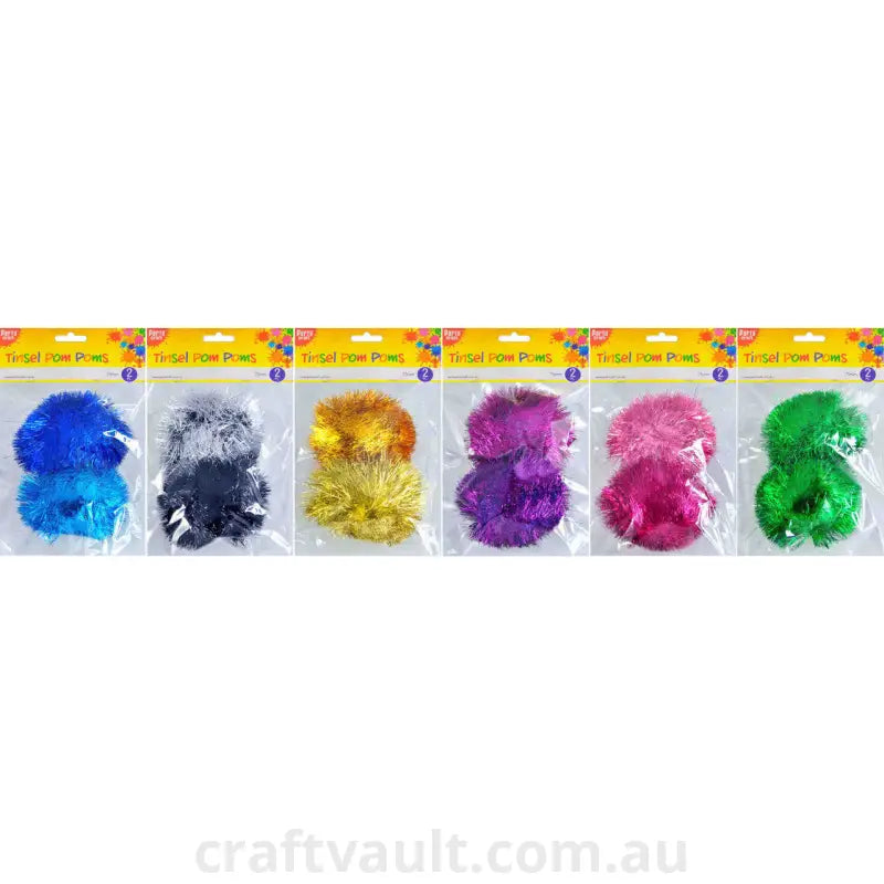 Tinsel Pom Poms 2pc 6 Asst