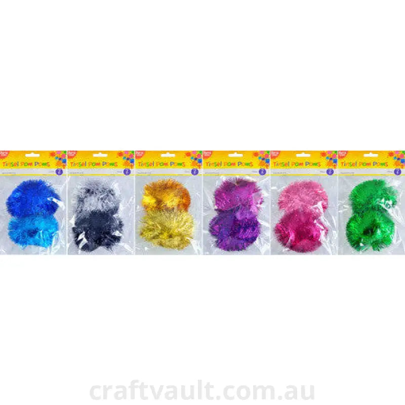Tinsel Pom Poms 2pc 6 Asst