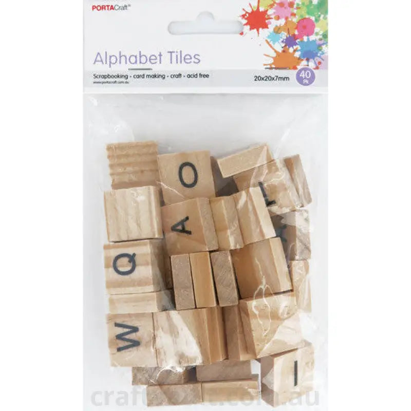 Wooden Alphabet Tiles 20x20x7mm 40 Pack