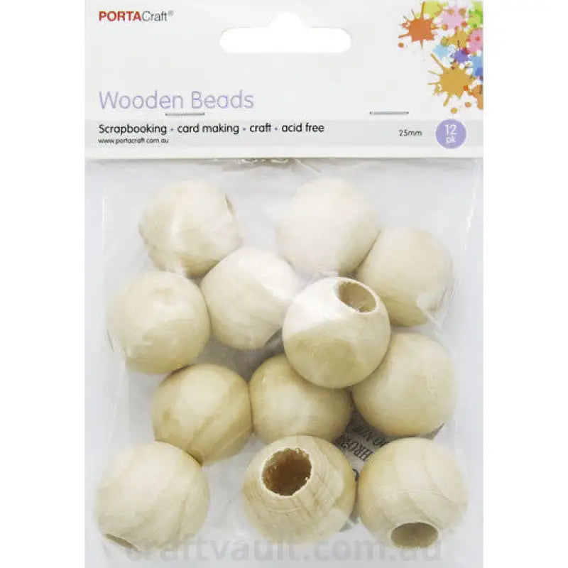 Wooden Beads 25mm Round 12pc Natural