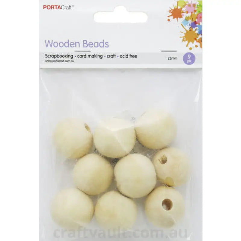 Wooden Beads 25mm Round 9pc Natural