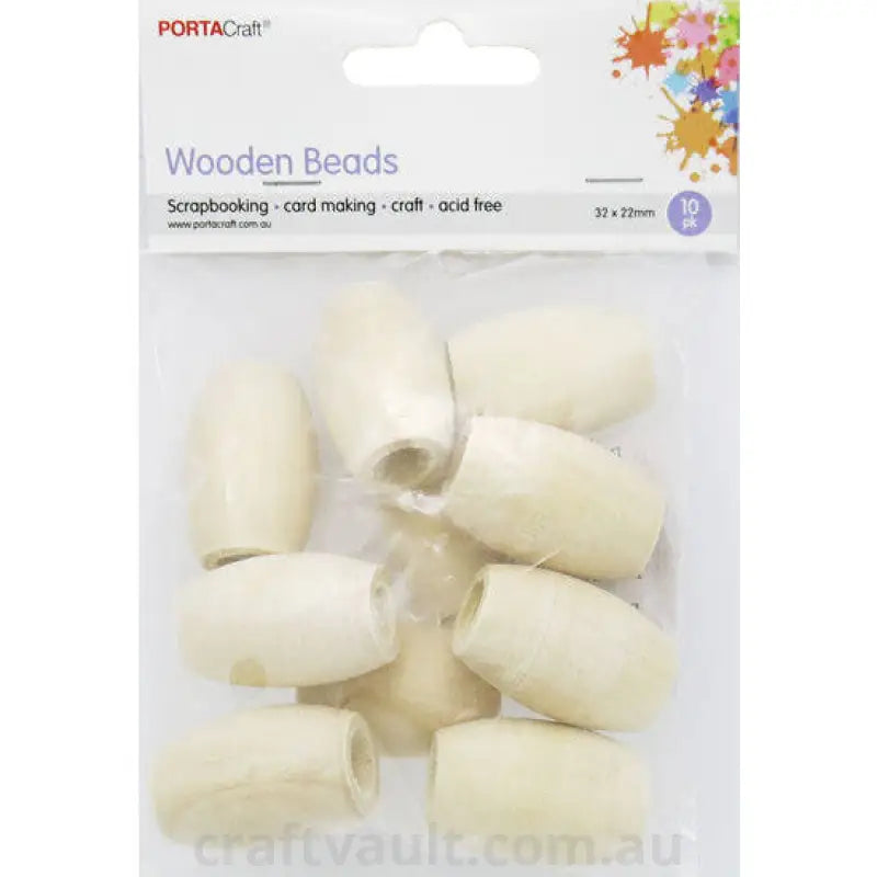 Wooden Beads 32x22mm Long Barrel 10pc Natural