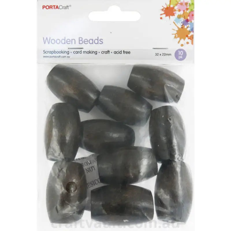 Wooden Beads 32x22mm Long Barrel 10pc Walnut