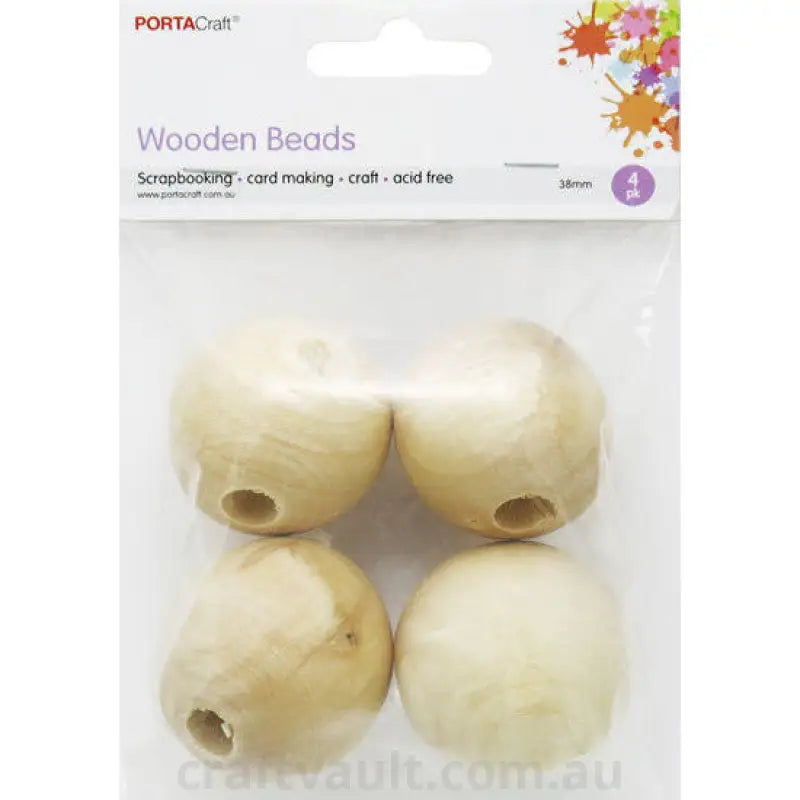 Wooden Beads 38mm Round 4pc Natural