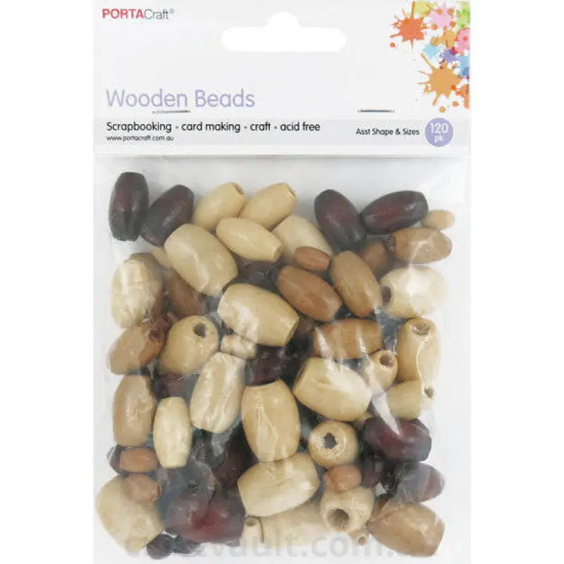 Wooden Beads Assorted Sizes Long Barrel 120pc Earth