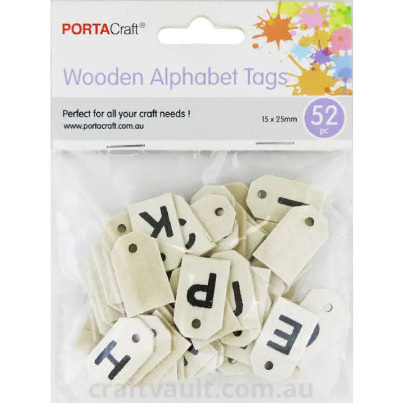Wooden Tags Alphabet 15x25mm 52 Pack