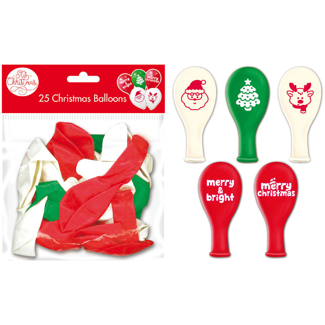 Assorted Christmas party balloons with holiday graphics for end-of-year celebrations