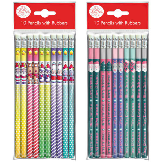 Ten festive printed pencils with erasers from a 20-pencil Christmas value bundle