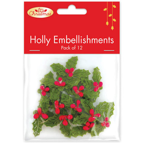 Mini soft fabric holly decorations for festive cards, wreaths and gifts